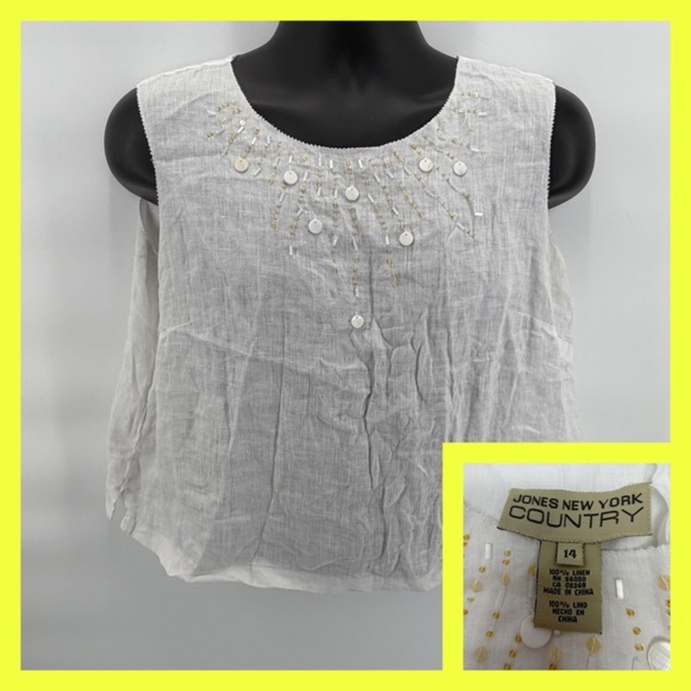 Jones‎ New York Country White 100% Linen Beaded Tank Top Shell Sz 14 Boho